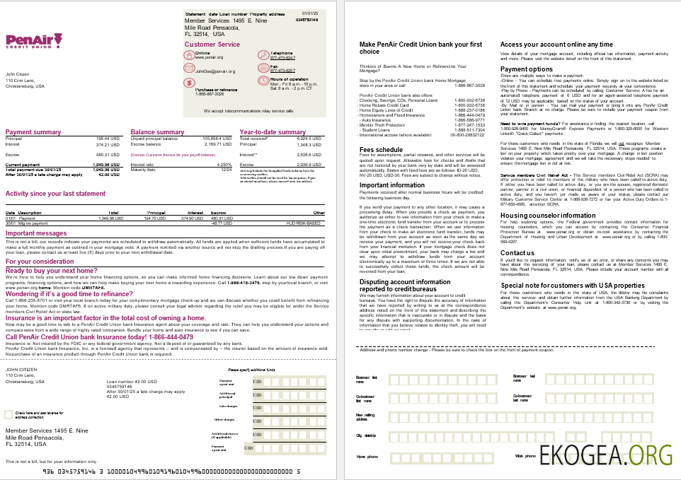 États , Unis Floride Relevé d'hypothèque bancaire PenAir Credit Union aux formats Word et PDF, 2 pages